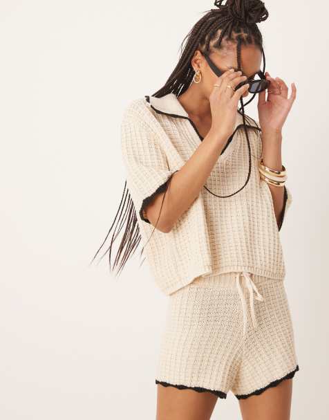 ASOS DESIGN knitted polo shirt with tipping detail co-ord in stone