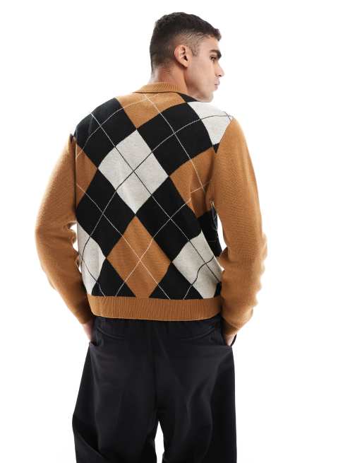 ASOS DESIGN knitted polo sweater with argyle pattern in brown