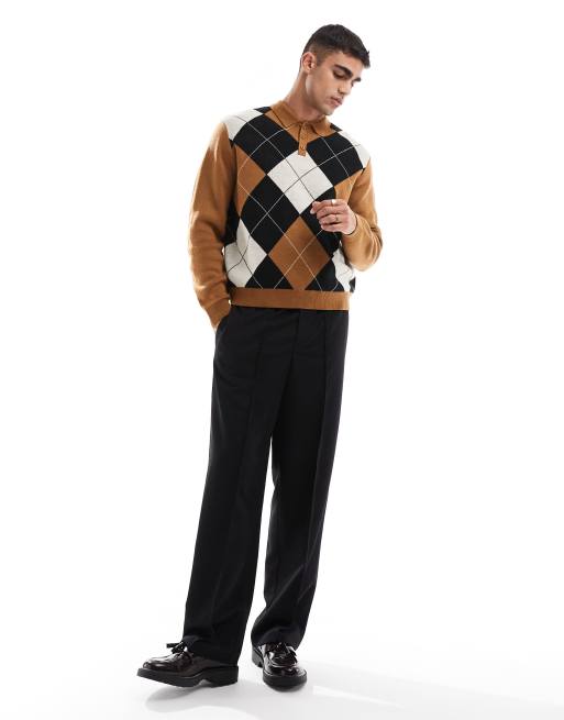 ASOS DESIGN knitted polo sweater with argyle pattern in brown