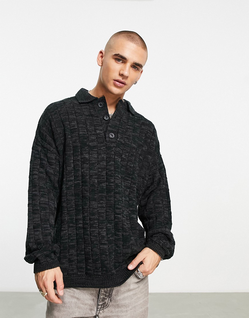 ASOS DESIGN knitted polo sweater with basket stitch in gray