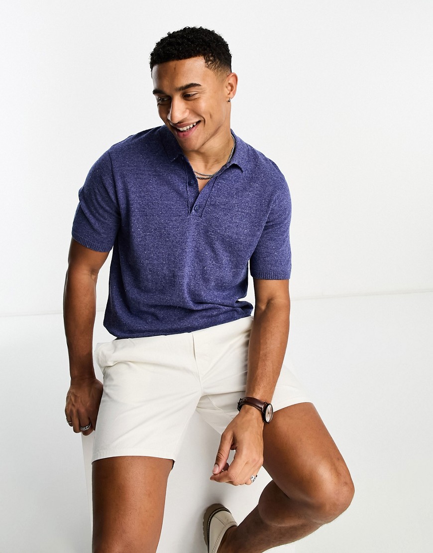 Asos Design Knitted Polo T-shirt In Blue-navy