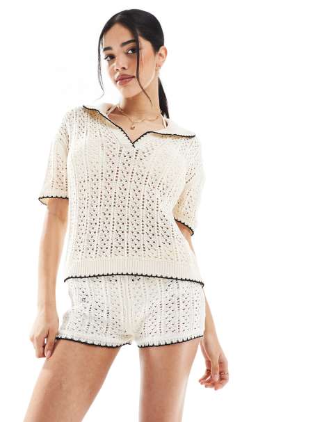 ASOS DESIGN knitted polo top co-ord with contrast blanket stitch in ivory