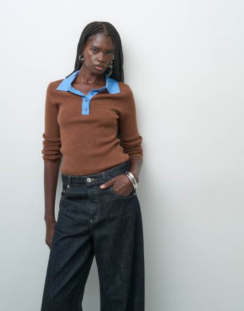 ASOS DESIGN knitted polo top in brown - view 1