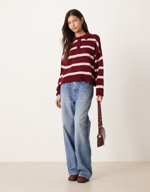 ASOS DESIGN knitted polo top in burgundy stripe, 2 of 4