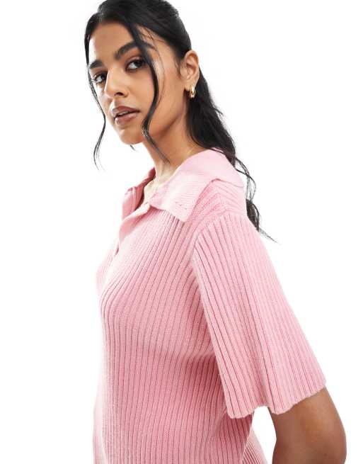 ASOS DESIGN knitted polo top in pink