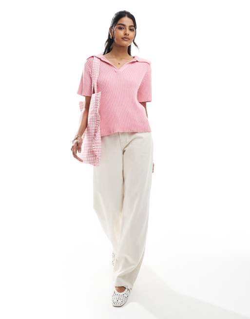 ASOS DESIGN knitted polo top in pink