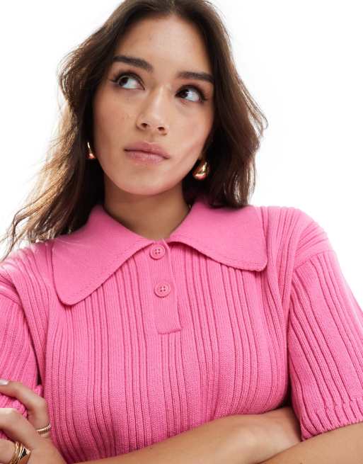 ASOS DESIGN knitted polo top in plaited rib in pink