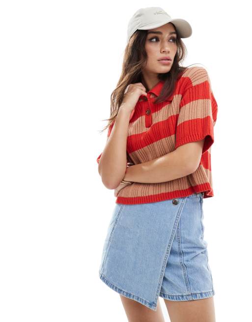 ASOS DESIGN knitted polo top in plaited rib in stripe in orange and red