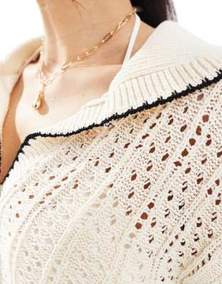 Asos Design Knitted Polo Top With Contrast Blanket Stitch In White
