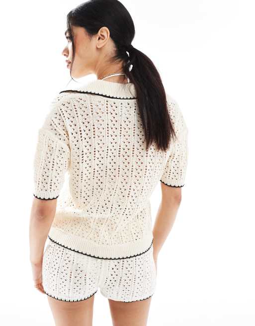 ASOS DESIGN knitted polo top with contrast blanket stitch in ivory - part of a set, 4 of 4