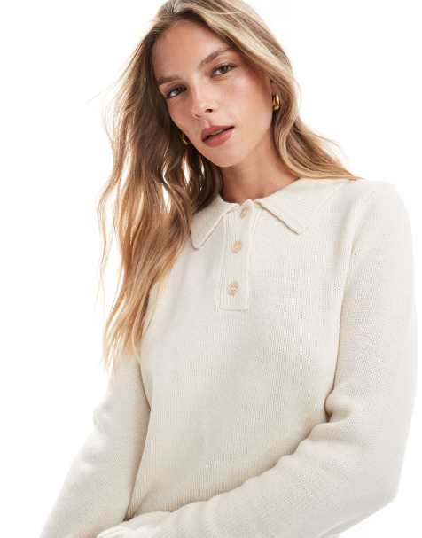 ASOS DESIGN knitted polo top with notch collar in ecru - view 1