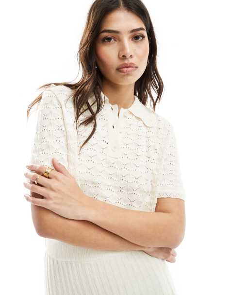 ASOS DESIGN knitted polo top with stitch detail in cream - view 1
