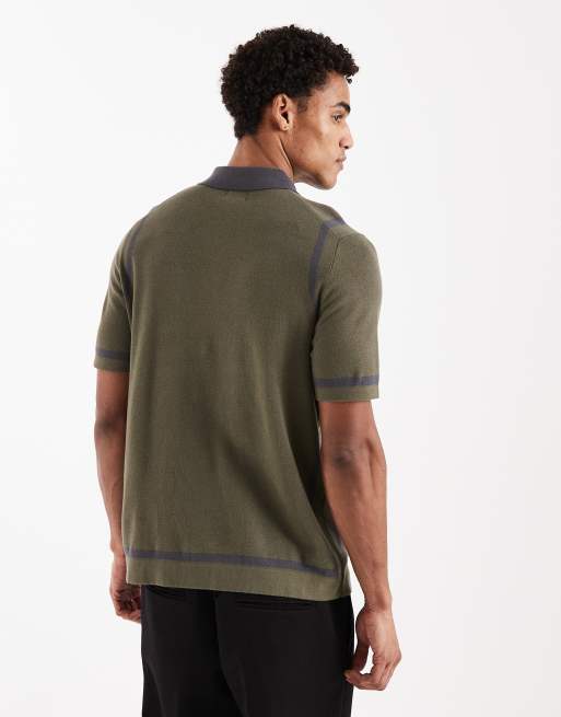 ASOS DESIGN knitted polo with panel detail in khaki and grey, 3 of 5