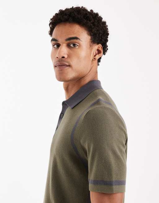 ASOS DESIGN knitted polo with panel detail in khaki and grey, 4 of 5