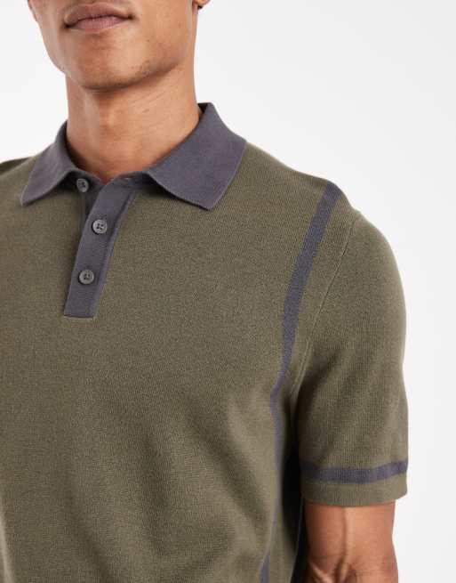ASOS DESIGN knitted polo with panel detail in khaki and grey, 5 of 5