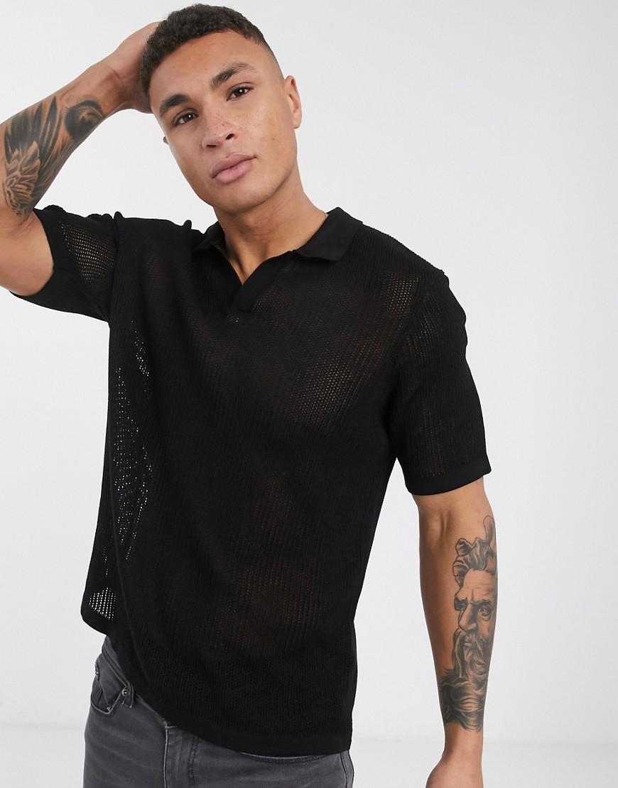 ASOS DESIGN knitted polo with revere collar in black mesh texture