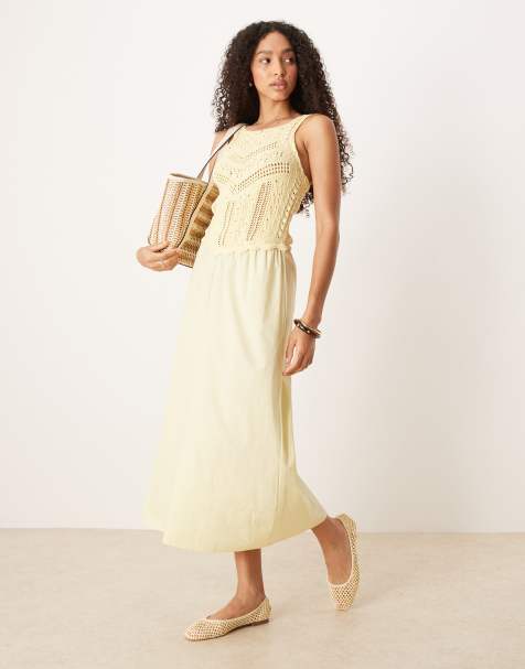 ASOS DESIGN knitted poplin mix maxi dress in buttermilk yellow - view 1