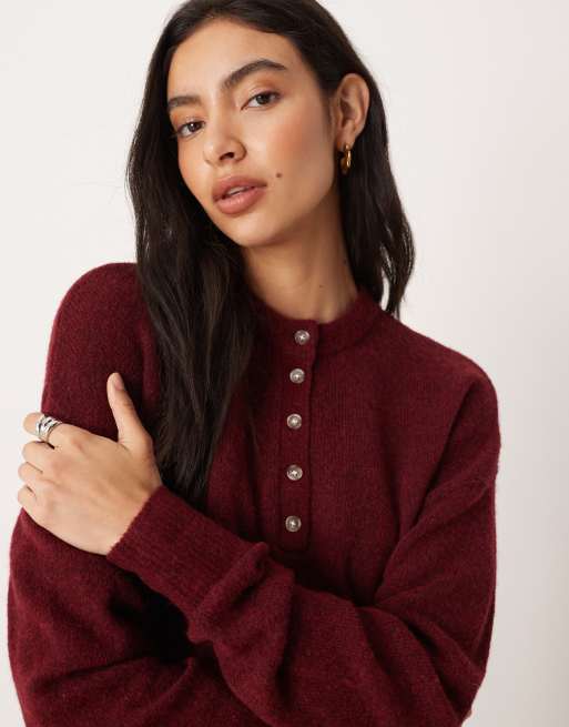 ASOS DESIGN knitted premium wool and alpaca blend henley top in plum, 3 of 4