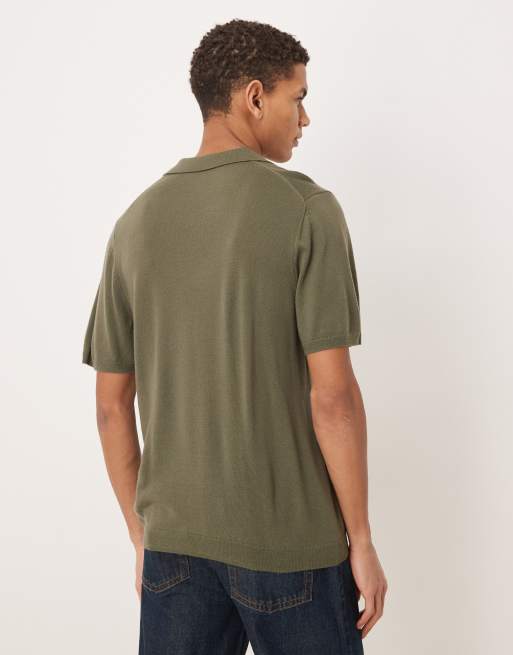 ASOS DESIGN knitted pure merino wool notch neck polo in khaki, 3 of 5