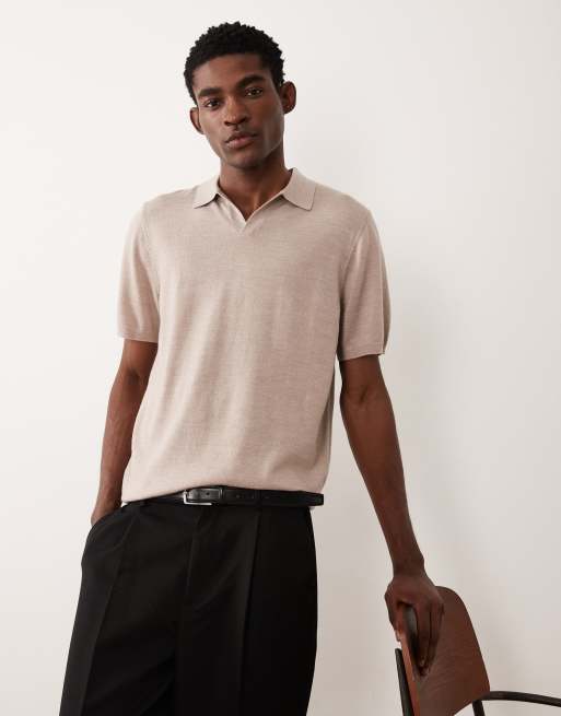 ASOS DESIGN knitted pure merino wool notch neck polo in taupe, 3 of 5