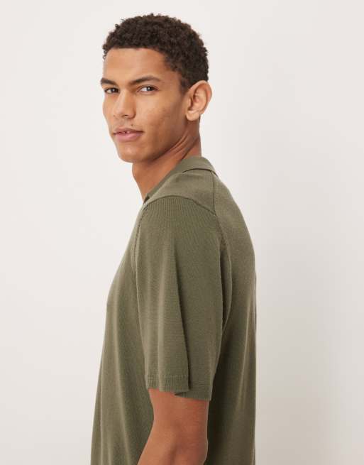 ASOS DESIGN knitted pure merino wool notch neck polo shirt in khaki, 4 of 5