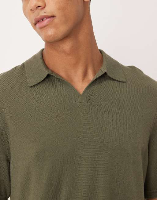 ASOS DESIGN knitted pure merino wool notch neck polo shirt in khaki, 5 of 5