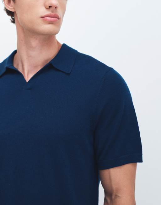 ASOS DESIGN knitted pure merino wool notch neck polo shirt in navy, 3 of 7