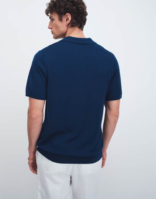 ASOS DESIGN knitted pure merino wool notch neck polo shirt in navy, 5 of 7