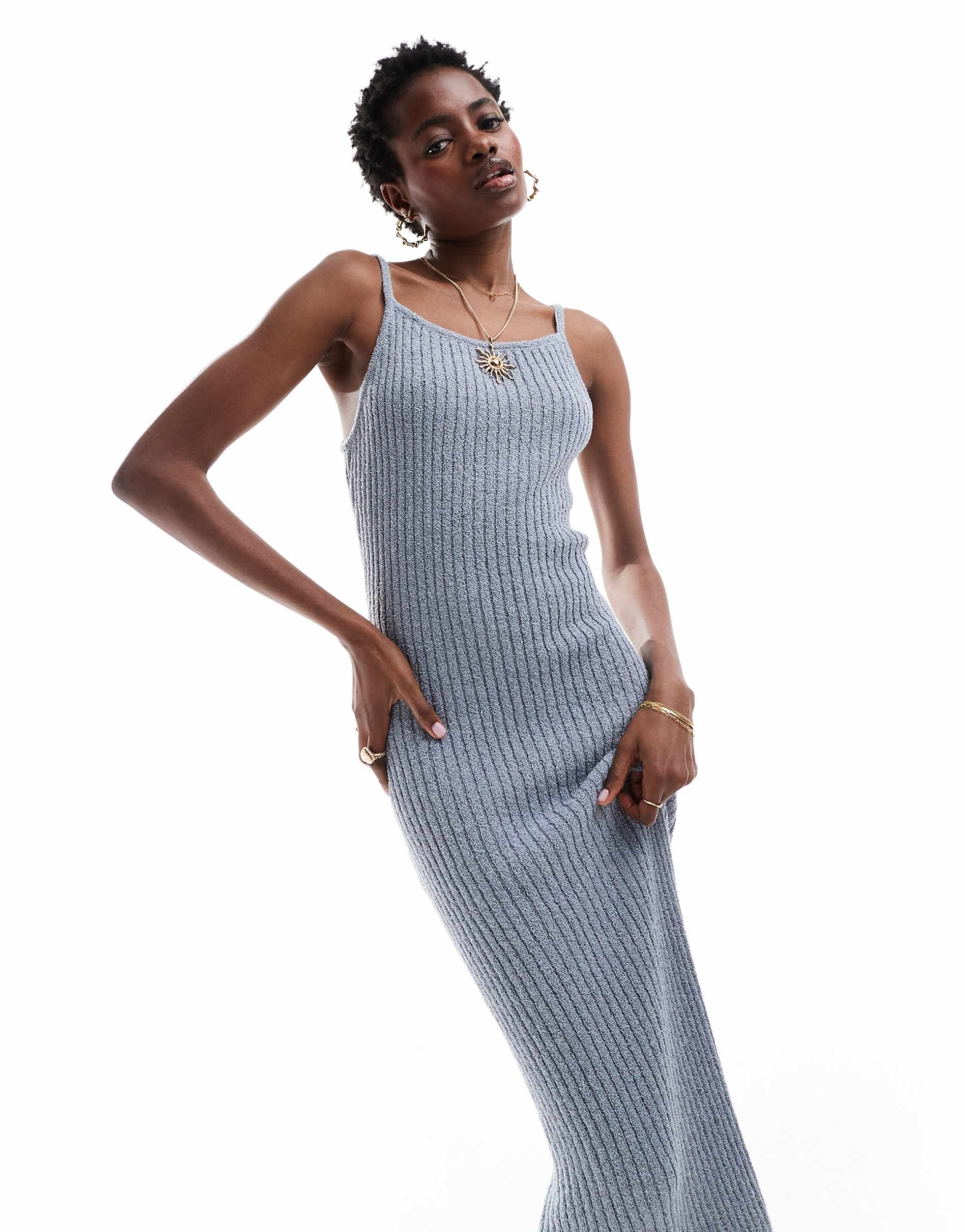 asos design knitted racer dress in rib textured yarn in blue