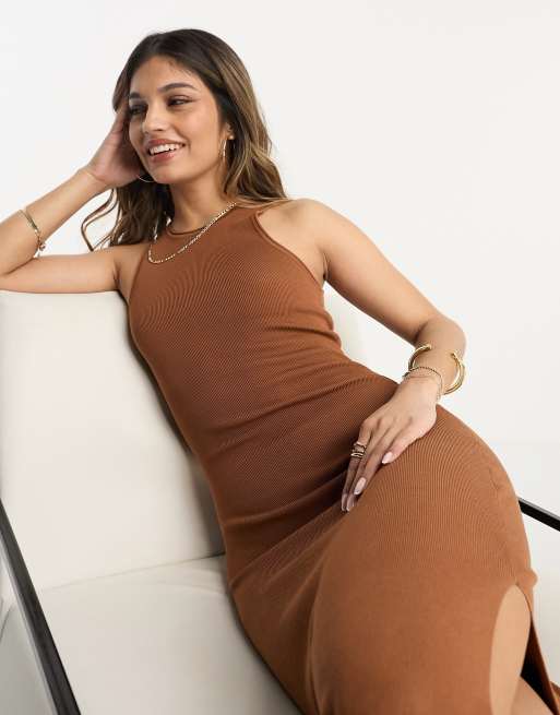 ASOS DESIGN knitted racer midi dress in dark camel | ASOS