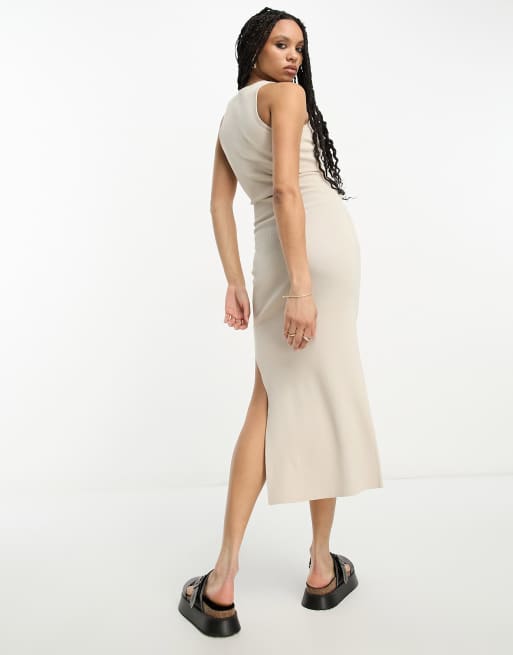 ASOS DESIGN knitted racer midi dress in stone