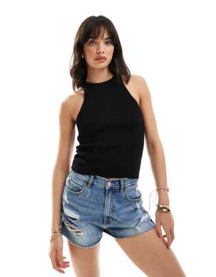 Asos Design Knitted Racer Tank Top In Black In Black