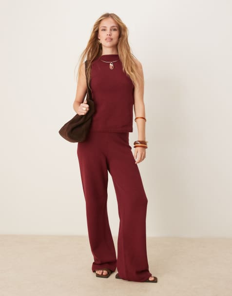 ASOS DESIGN knitted racer top with angled front panel in burgundy