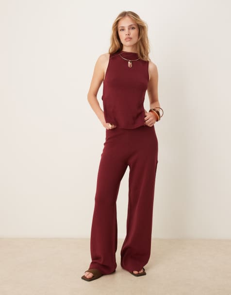 ASOS DESIGN knitted racer top with angled front panel & wide leg pants set in burgundy - view 1
