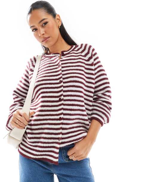 ASOS DESIGN knitted raglan cardigan in burgundy stripe - view 1