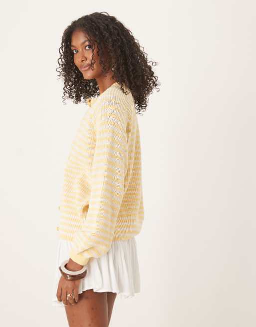ASOS DESIGN knitted raglan cardigan in buttermilk yellow stripe