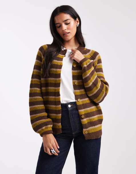 ASOS DESIGN knitted raglan cardigan in green stripe - view 1