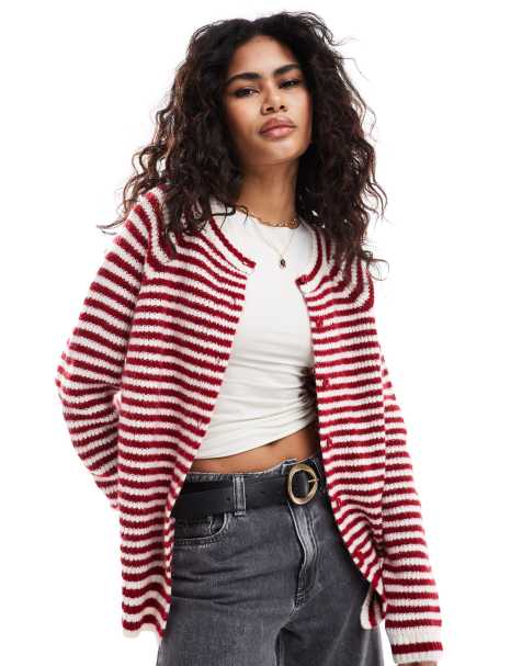 ASOS DESIGN knitted raglan cardigan in red stripe - view 1