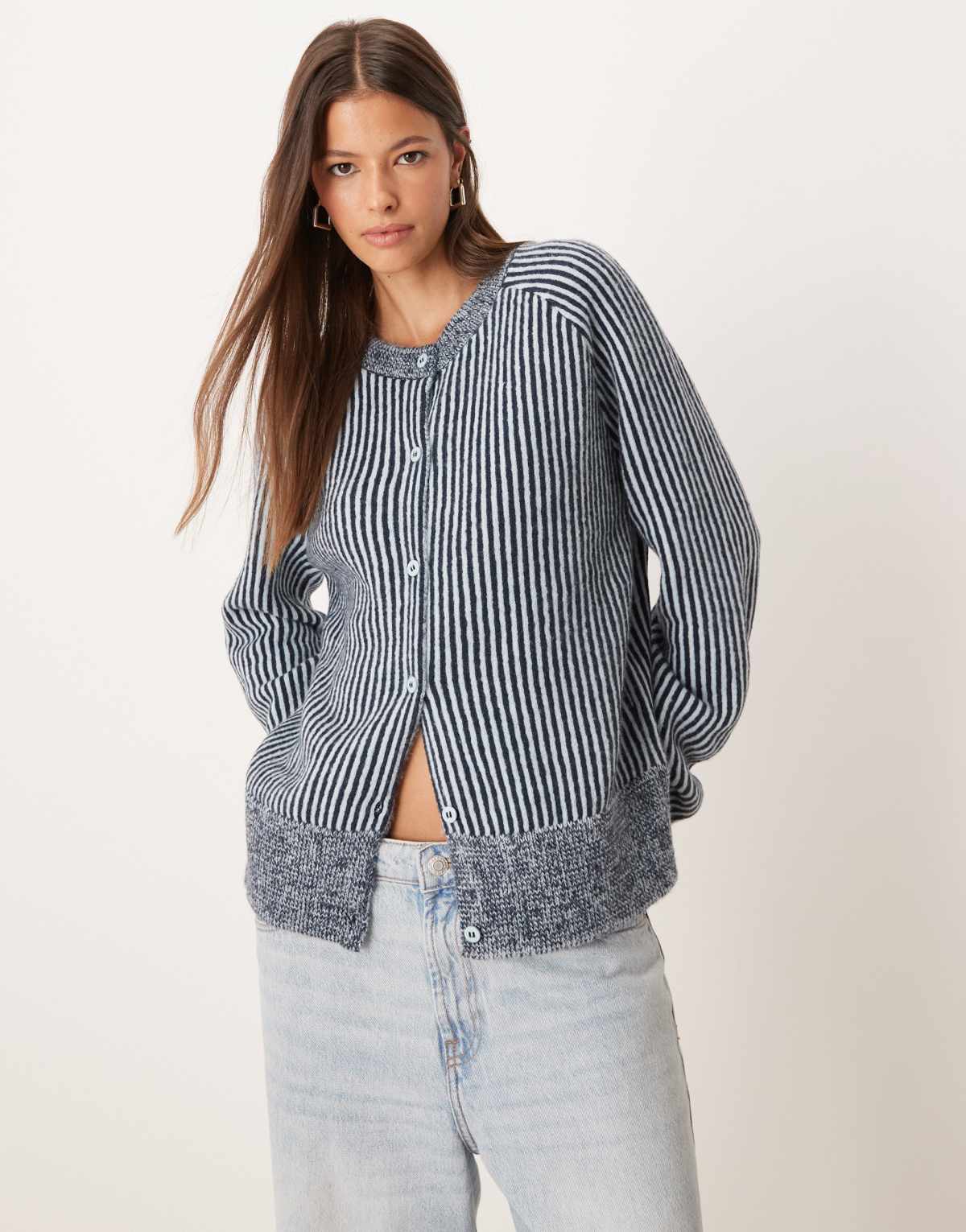 ASOS DESIGN knitted raglan cardigan in two tone blue