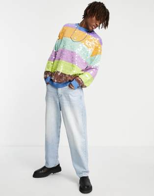 ASOS DESIGN knitted rainbow stripe jumper with all over sequin ASOS