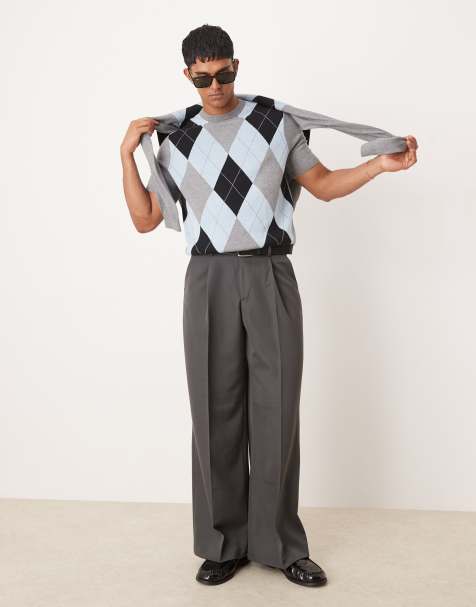 ASOS DESIGN knitted relaxed boxy fit cardigan and t-shirt co-ord with argyle pattern in blue - view 1