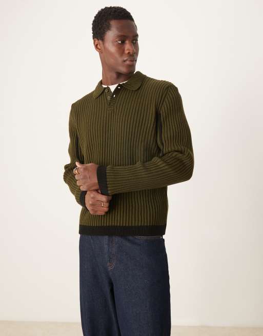 ASOS DESIGN knitted relaxed boxy polo sweater with contrast stripe in khaki