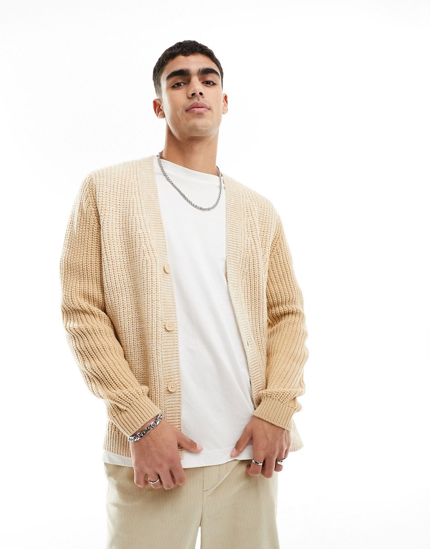 ASOS DESIGN knitted relaxed cardigan in beige colour blocking-Neutral
