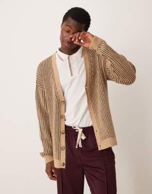 Asos Design Knitted Relaxed Cardigan With Plated Rib In Stone-neutral
