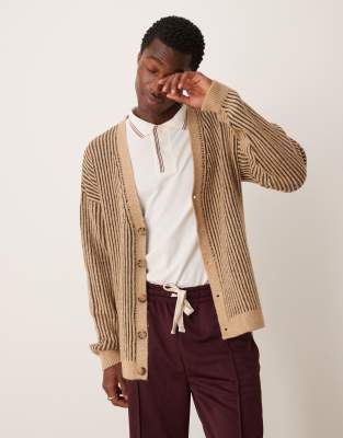 ASOS DESIGN knitted relaxed cardigan with plated rib in stone-Neutral