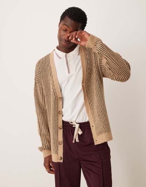 ASOS DESIGN knitted relaxed cardigan with pleated rib in stone - view 1