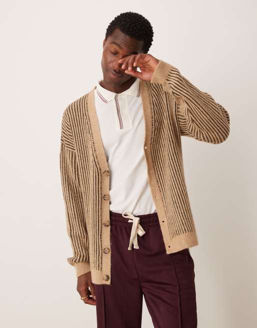 ASOS DESIGN knitted relaxed cardigan with pleated rib in stone