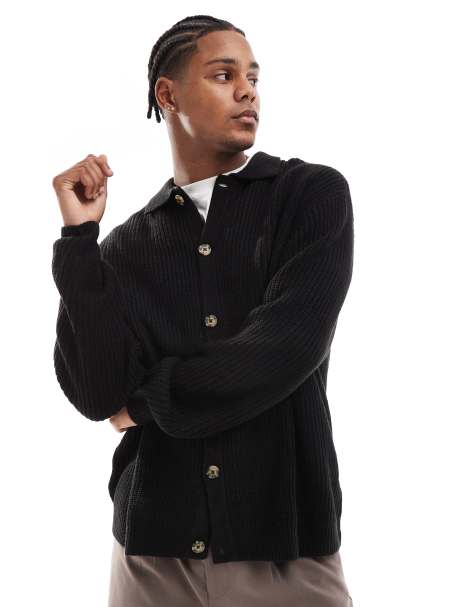 ASOS DESIGN knitted relaxed fisherman rib button through cardigan in black - view 1