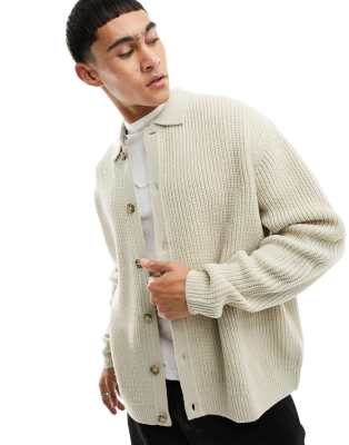 ASOS DESIGN ASOS DESIGN knitted relaxed fisherman rib button through polo in beige-Neutral