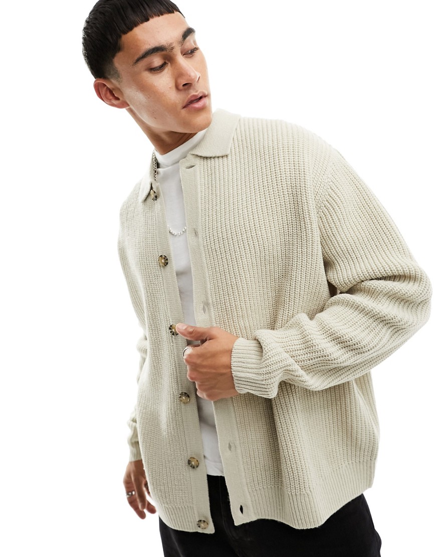 ASOS DESIGN knitted relaxed fisherman rib button through polo in beige-Neutral